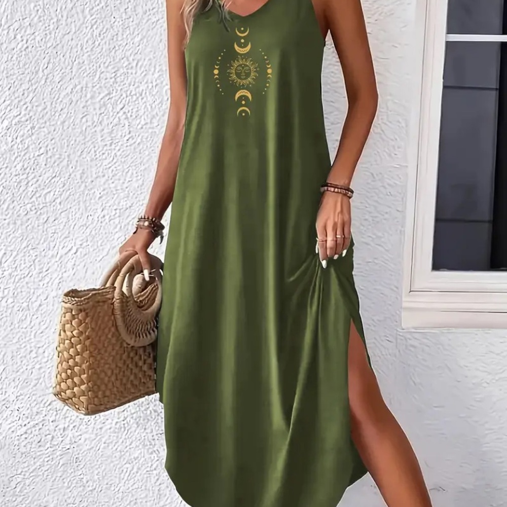 Sleeveless Olive Green Moon & Sun Maxi Dress
